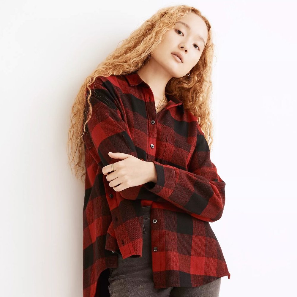 MADEWELL Buffalo Plaid Flannel Shirt with Side Buttons
